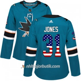 Dame Ishockey San Jose Sharks Tröja Martin Jones 31 Adidas 2017-2018 Teal USA Flag Fashion Authentic